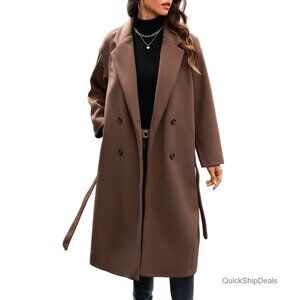 Wool Blend Double Breasted Trench Coat Notch Lapel Knee Length Winter